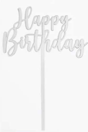 Happy Birthday Acrylic Cake Topper - Silver Classic - Click Image to Close